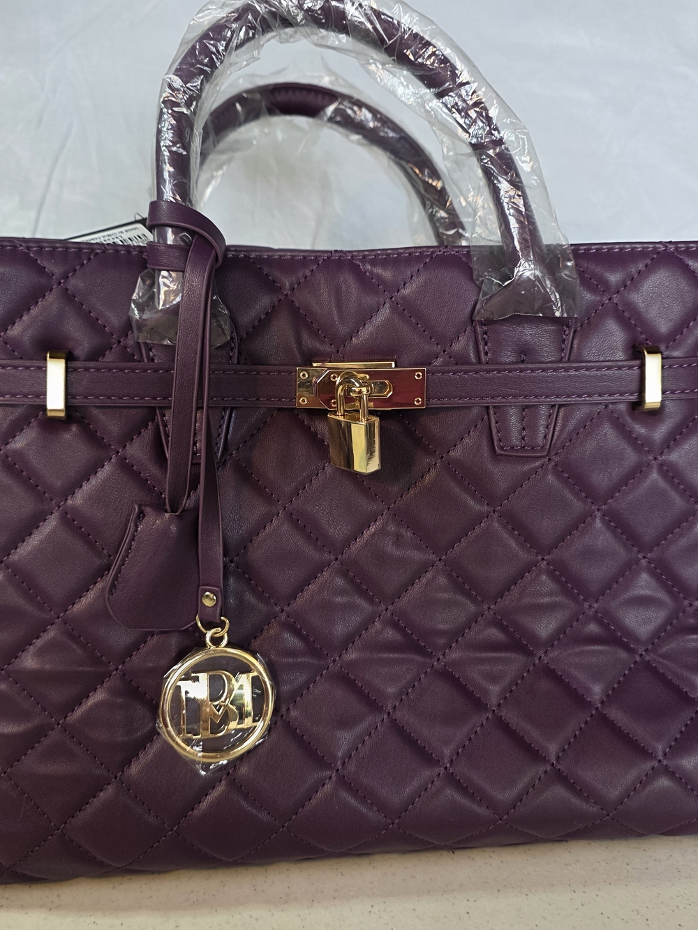 Studio Badgley Mischka Quilted Plum Satchel Bag with Gold Hardware